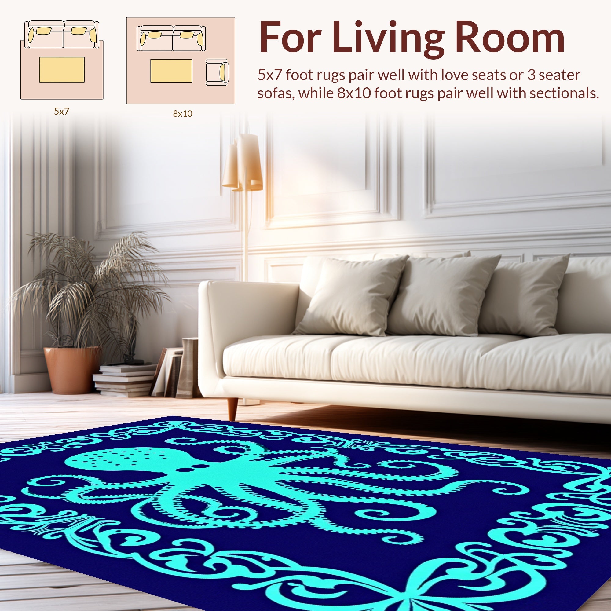 Aqua Octopus With Ornate Border Rug