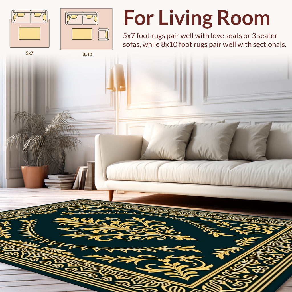 Ornate Gold Floral Damask Design Rug