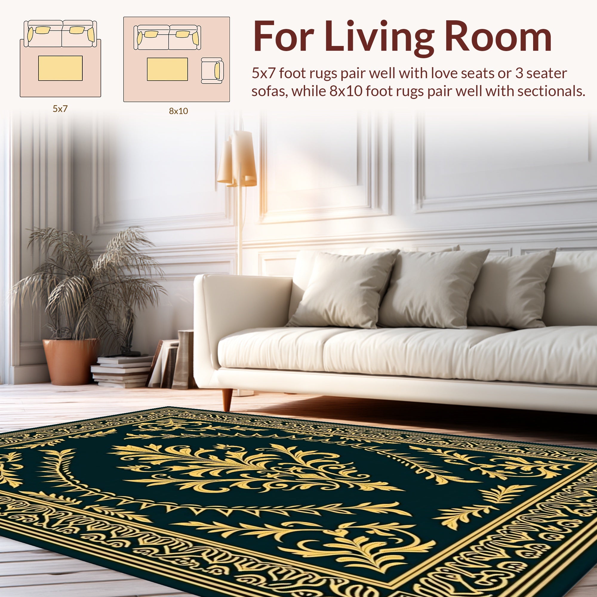 Ornate Gold Floral Damask Design Rug