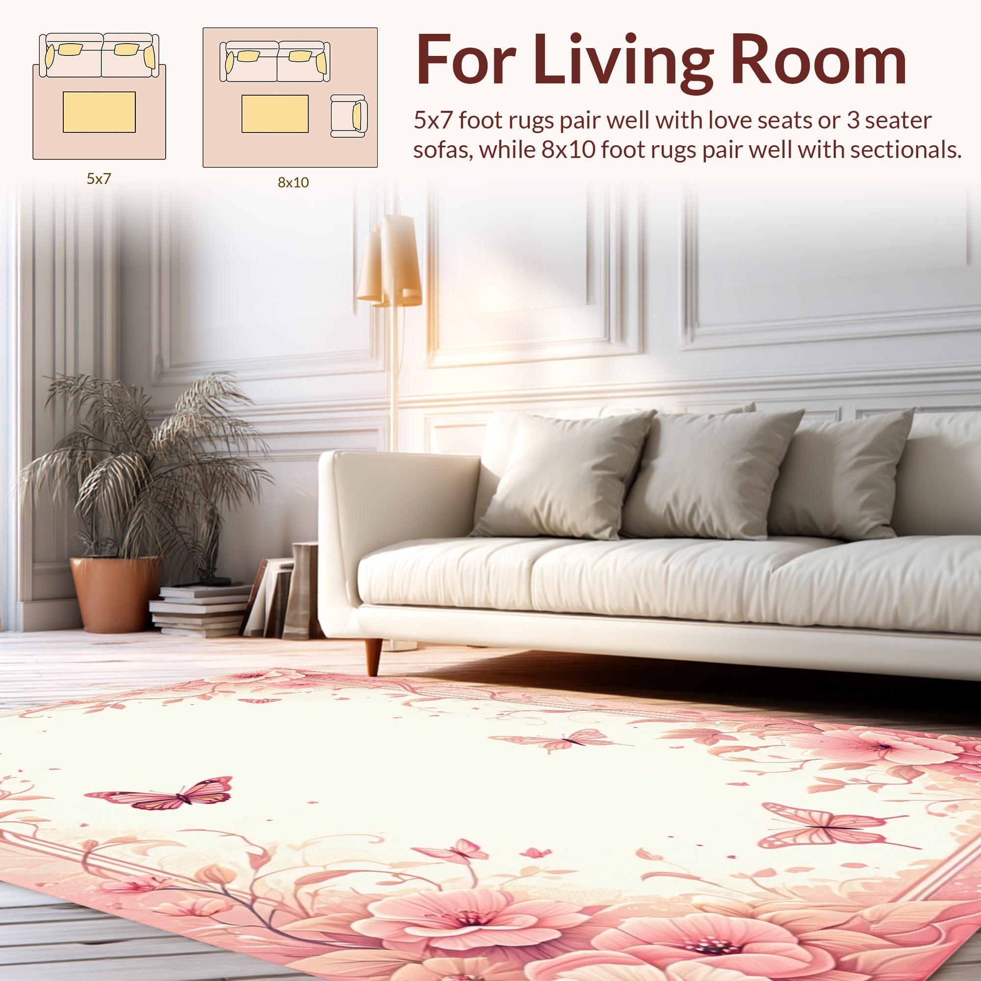 Pastel Pink Floral Butterfly Scrollwork Rug