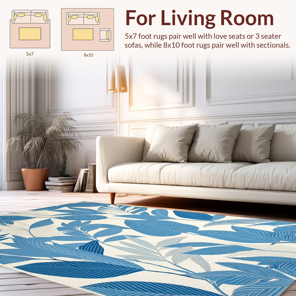Blue Leafy Tropical Pattern Rug