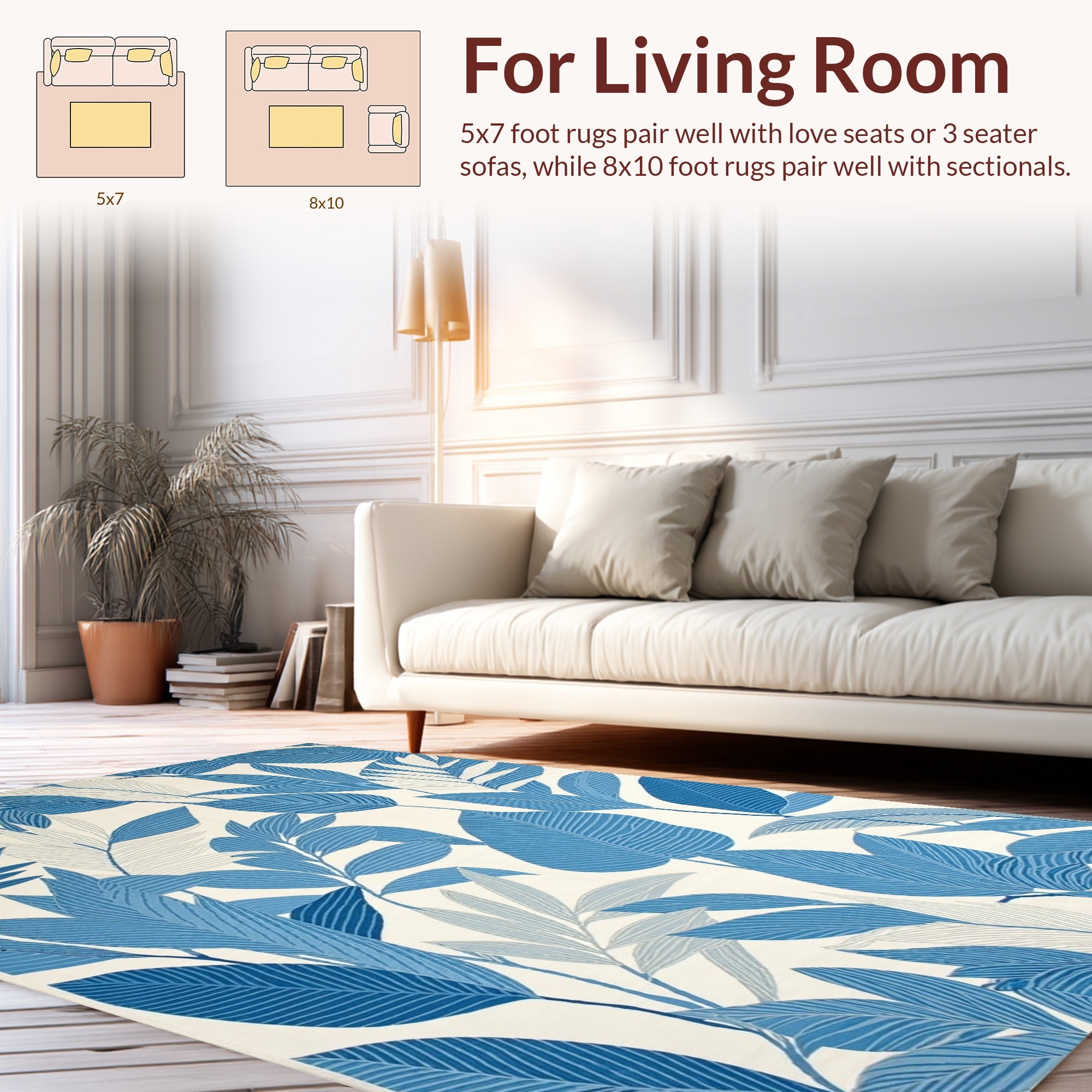 Blue Leafy Tropical Pattern Rug