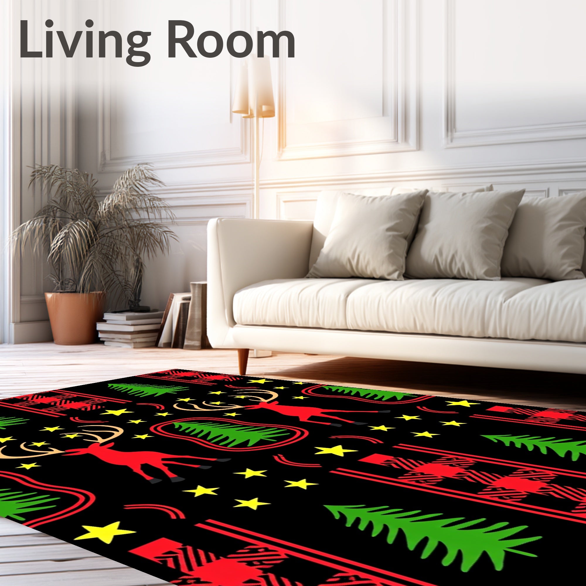 Red Deer Stars Buffalo Plaid Trees Rug