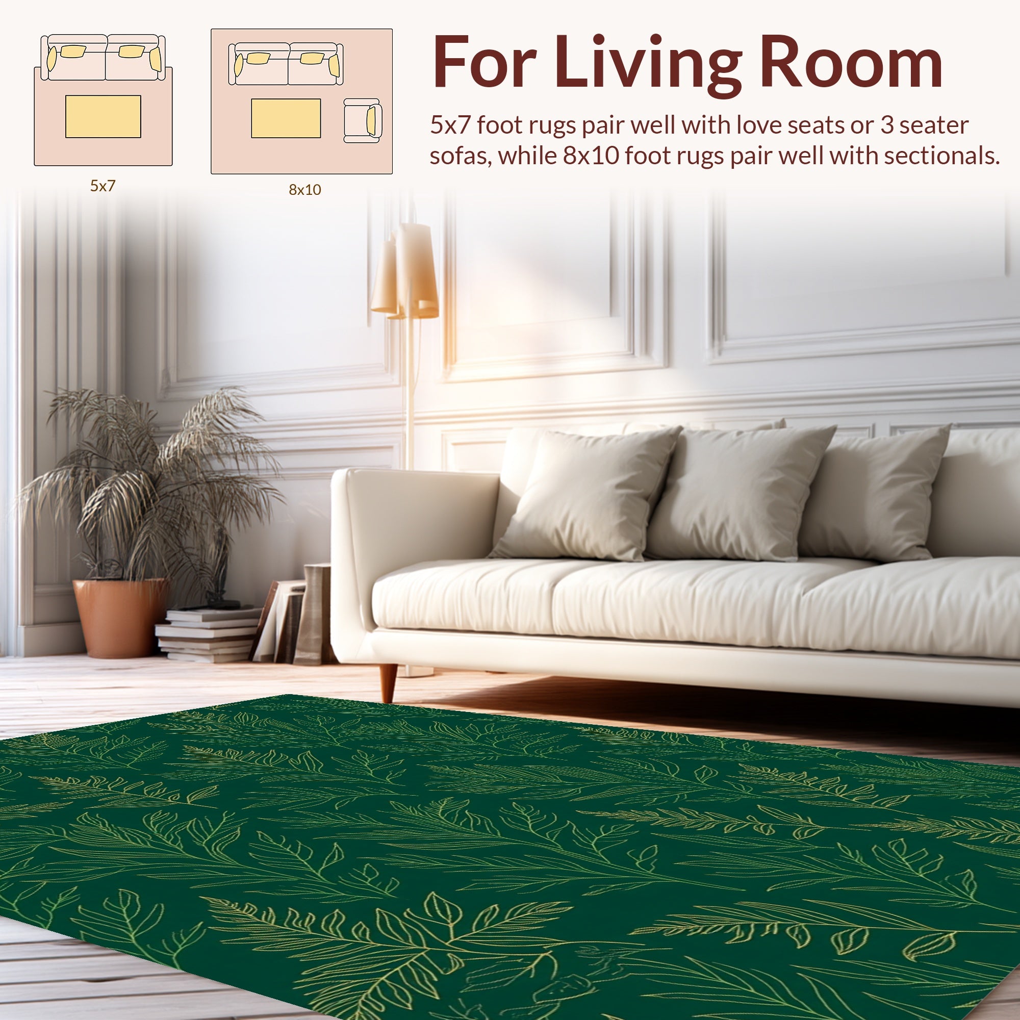 Elegant Green Leaf Botanical Pattern Rug