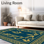 Deep Teal Golden Leaf Border Rug
