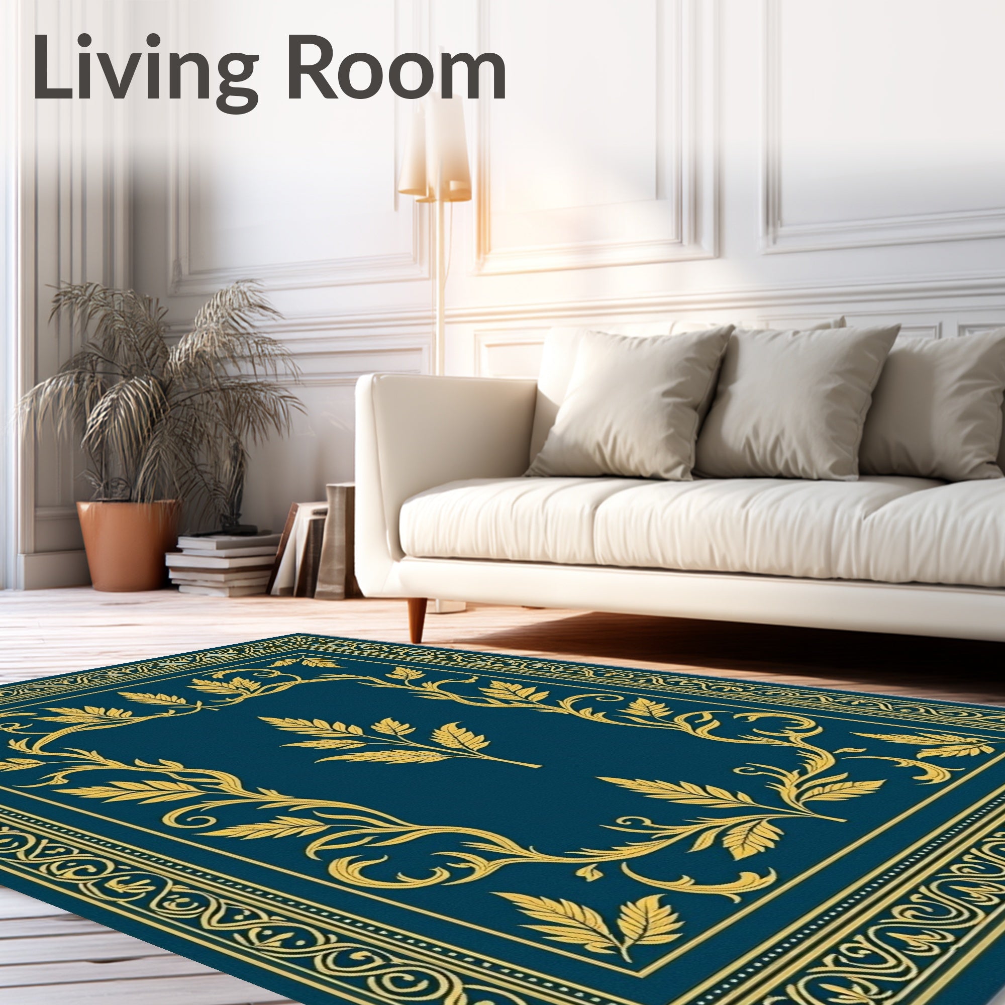 Deep Teal Golden Leaf Border Rug