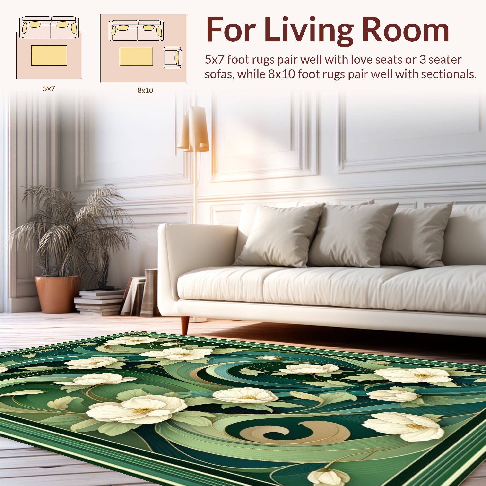 Elegant Floral Swirls Green Rug
