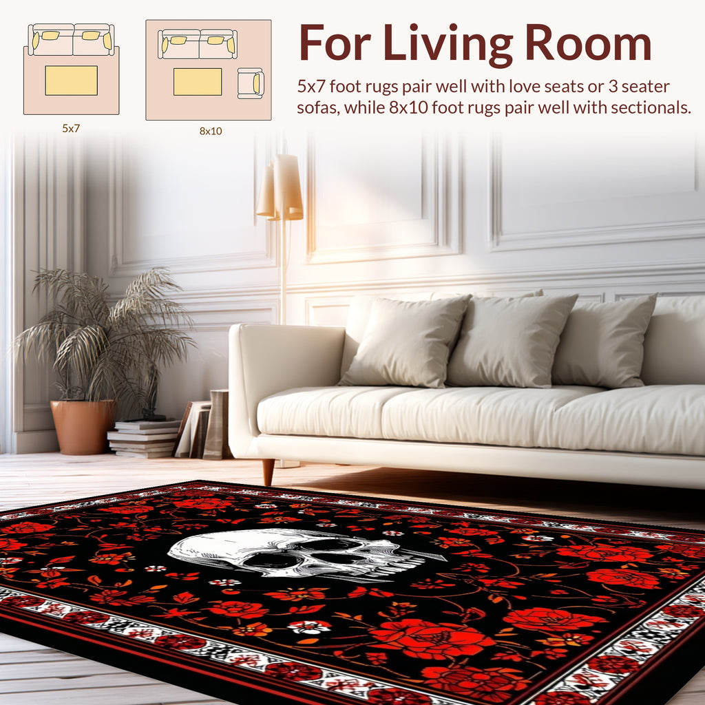 Gothic Red Rose Skull Pattern Rug