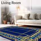 Art Deco Style Gold Blue Geometric Border Rug