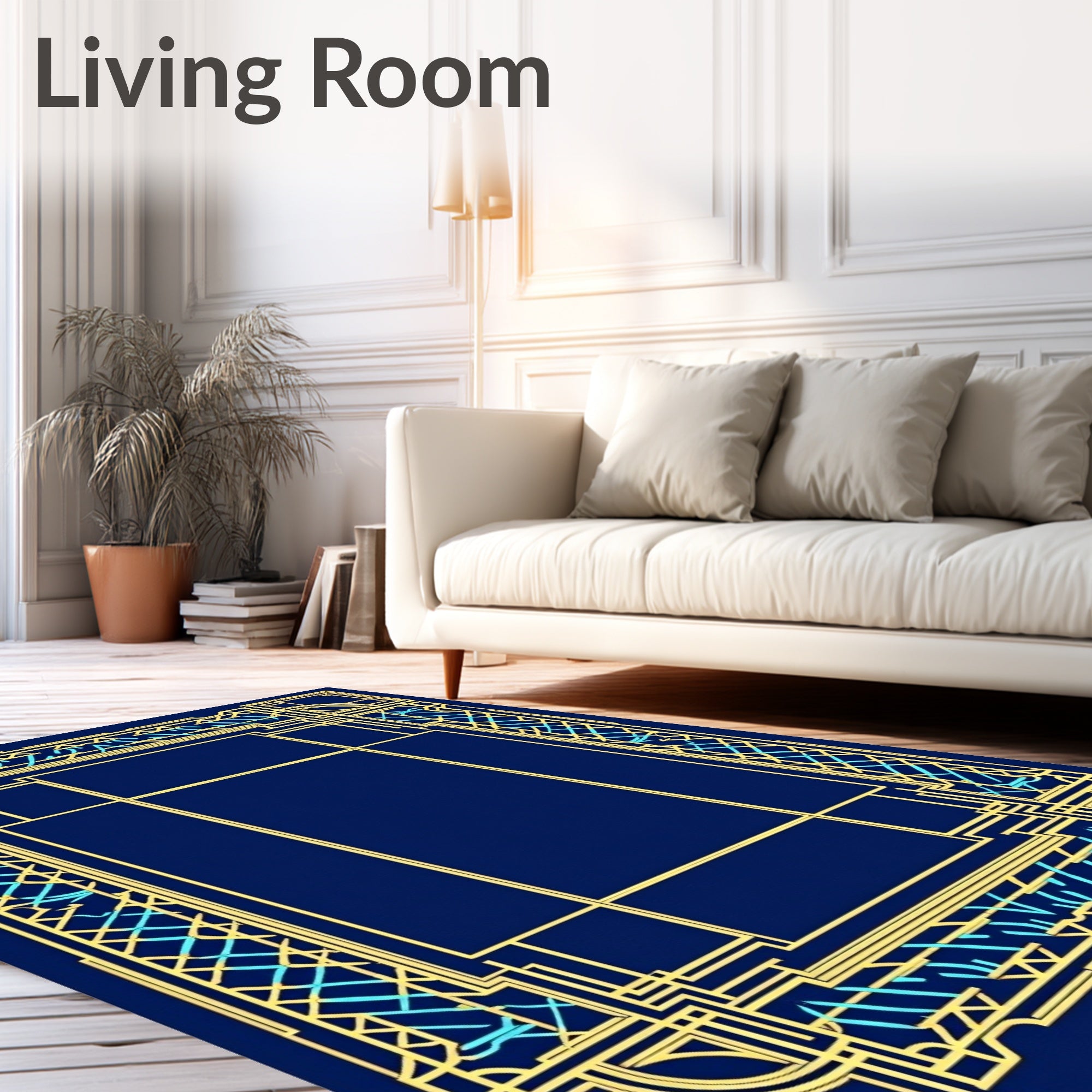 Art Deco Style Gold Blue Geometric Border Rug