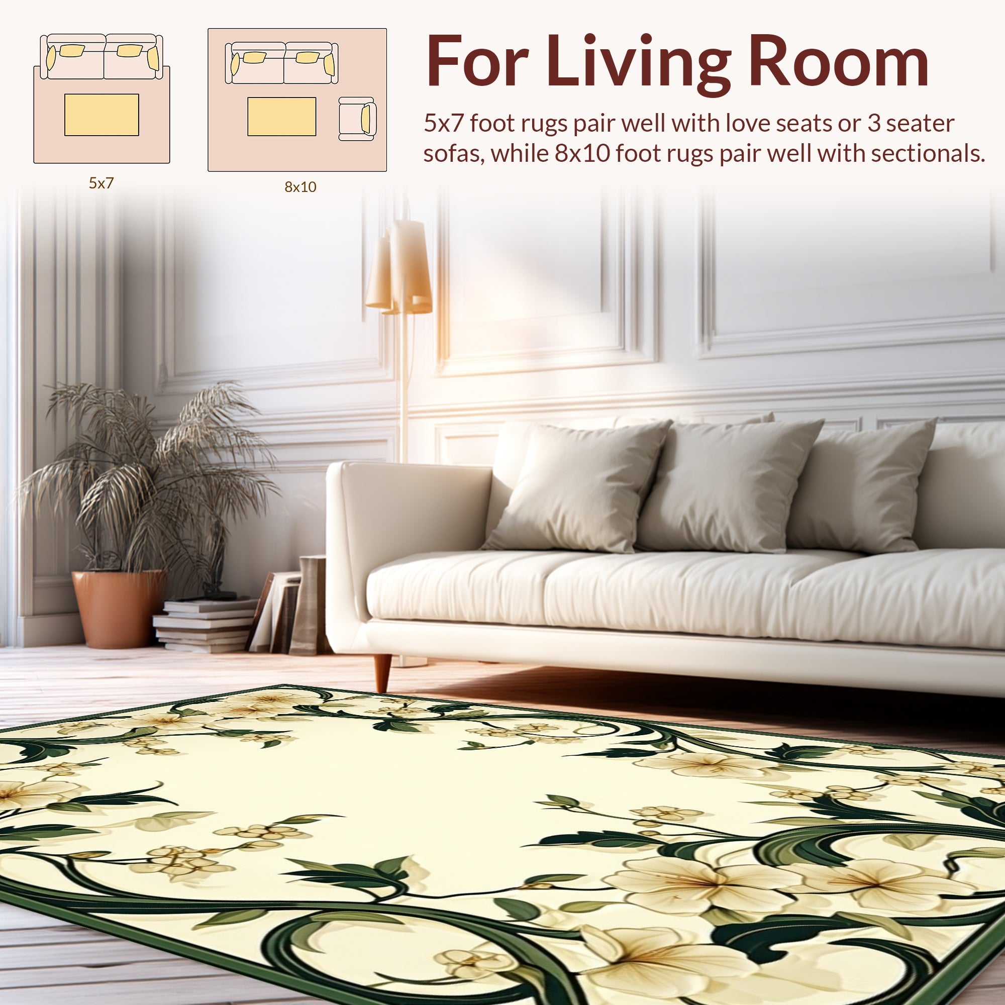 Elegant Cream Floral Vine Design Rug