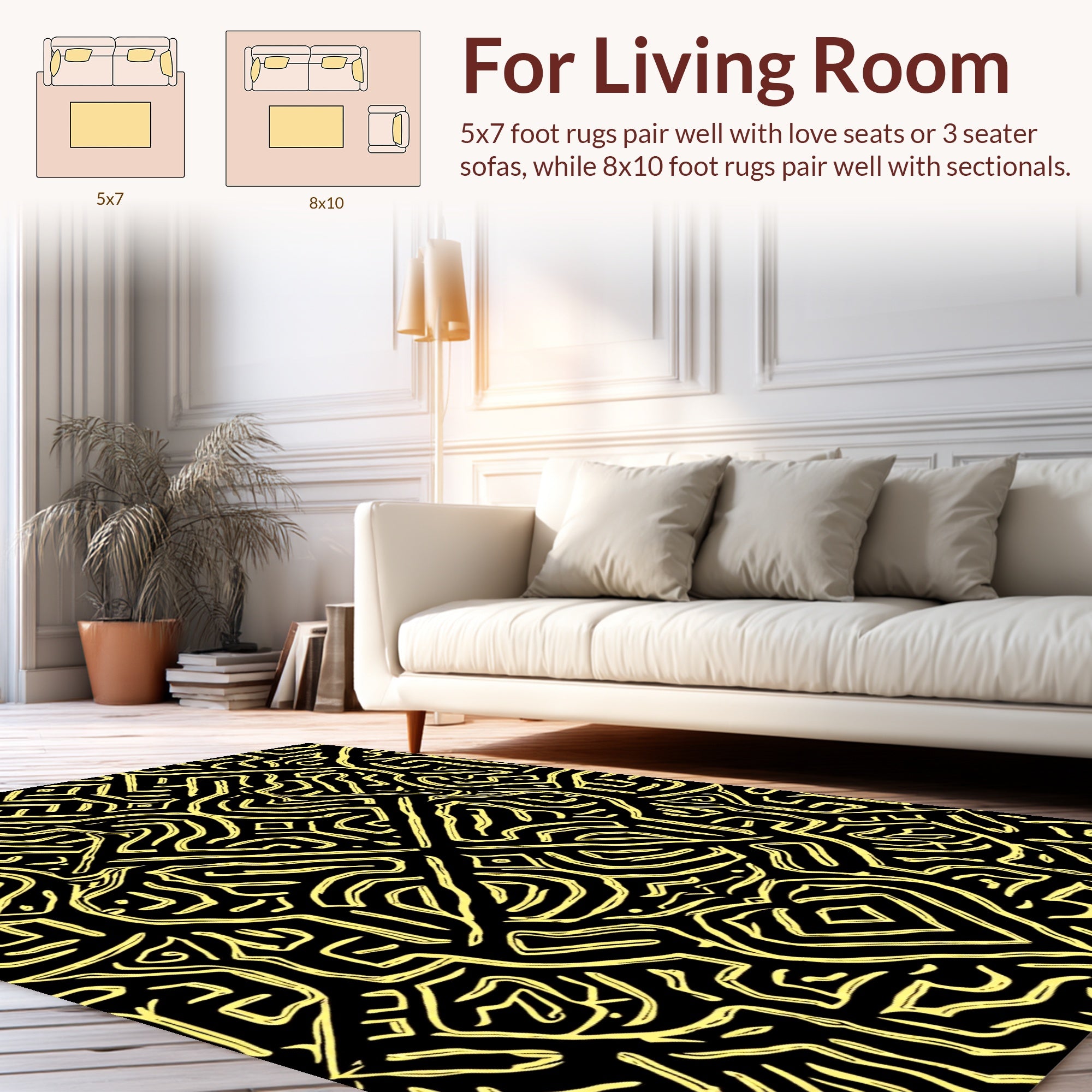 Abstract Yellow Line Art Pattern Rug