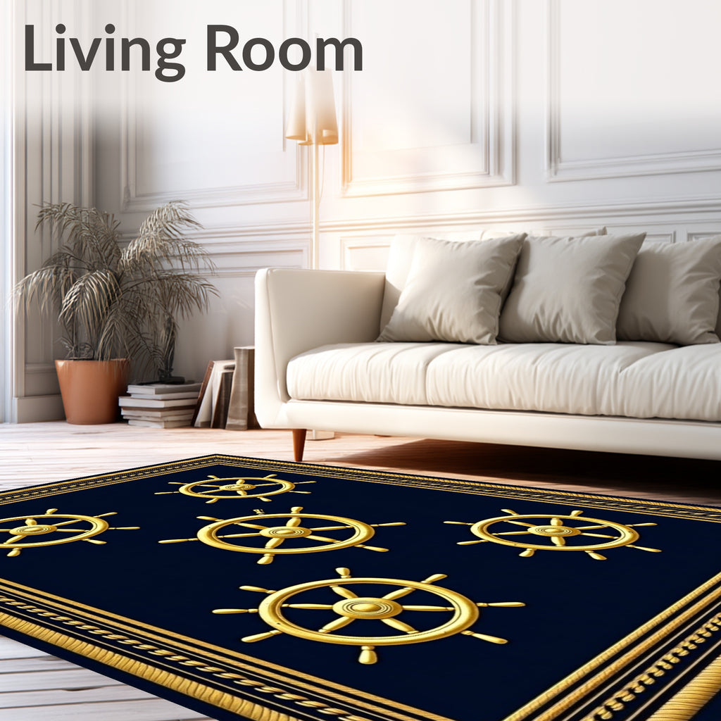 Golden Ship Wheels Navy Nautical Rug