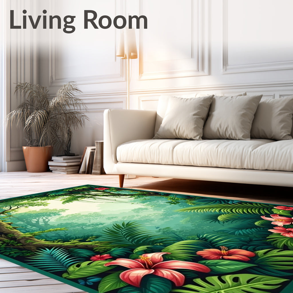 Lush Tropical Hibiscus Forest Scene Rug