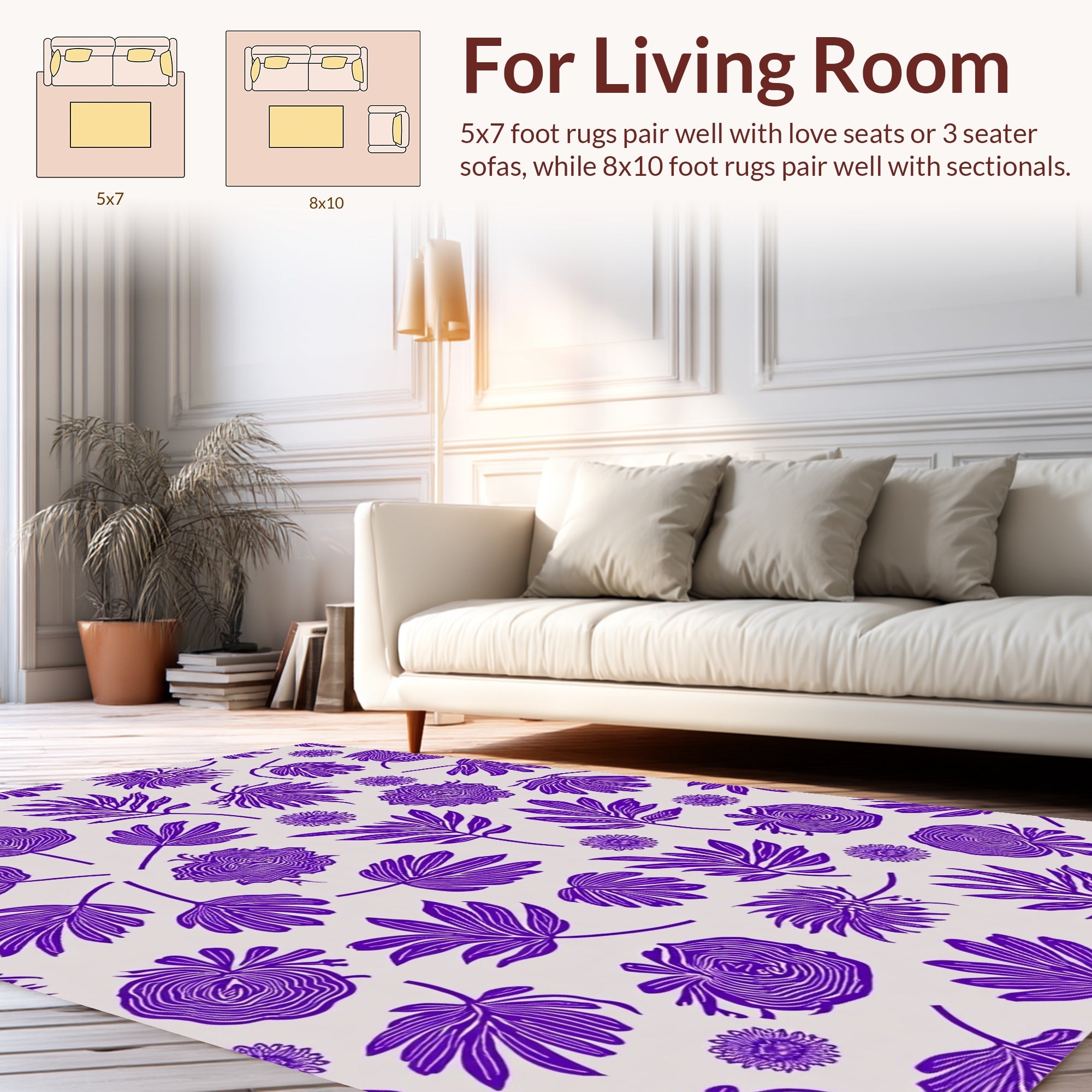 Purple Floral Leaf Pattern Rug