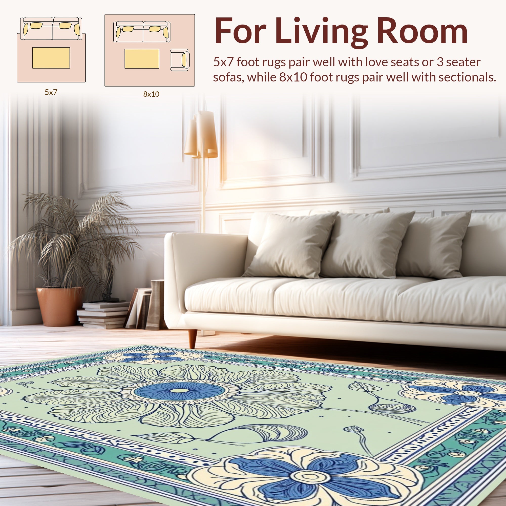 Floral Botanical Motif With Blue Accents Rug