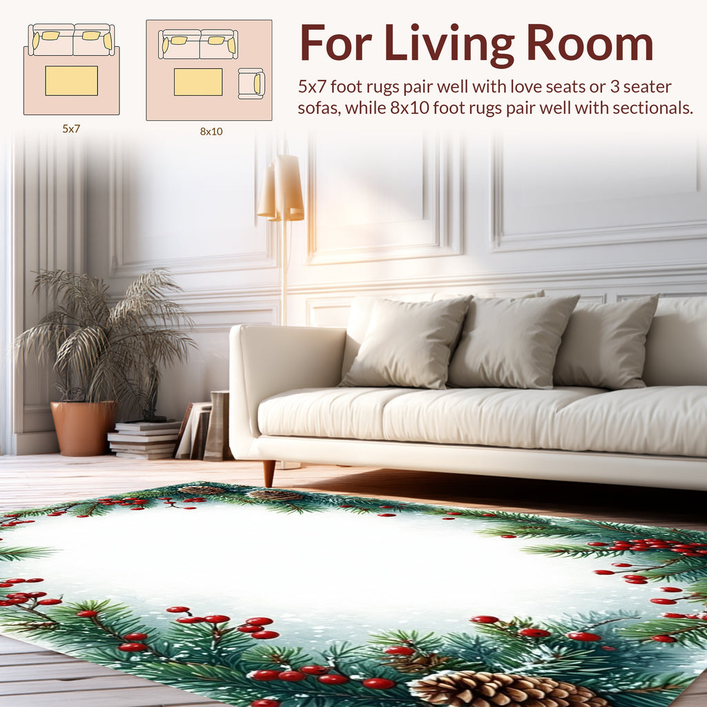 Festive Evergreen Berry Pinecone Border Rug