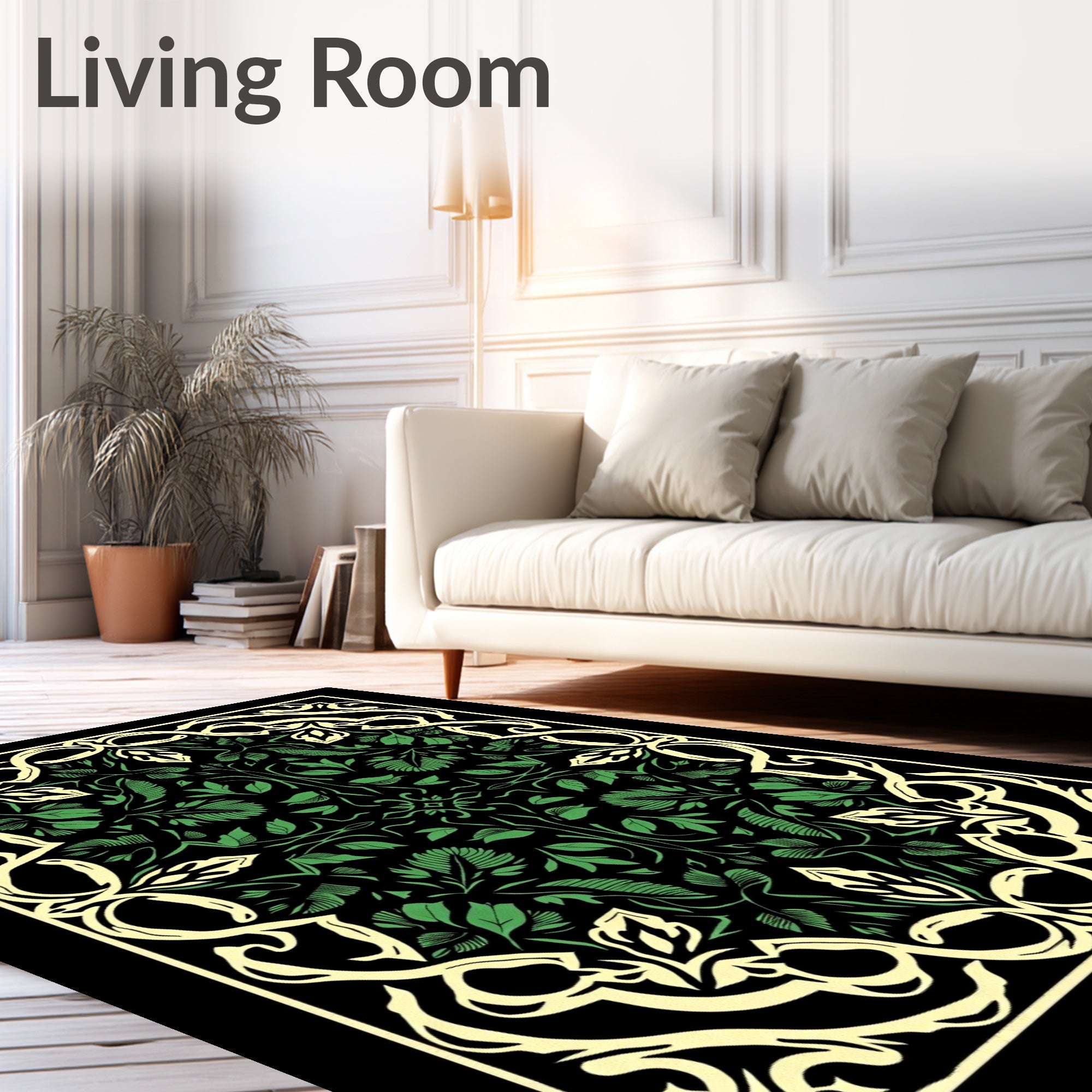 Elegant Emerald Leaf Scroll Mandala Rug