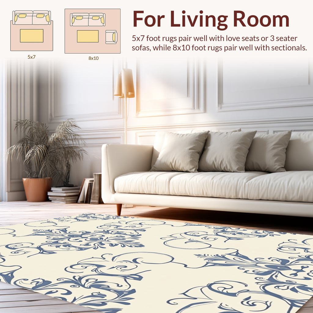 Elegant Blue Floral Damask Pattern Rug