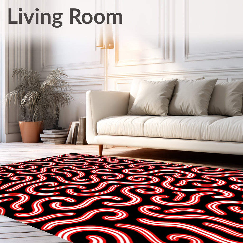 Amorphous Red Swirls Black Field Rug