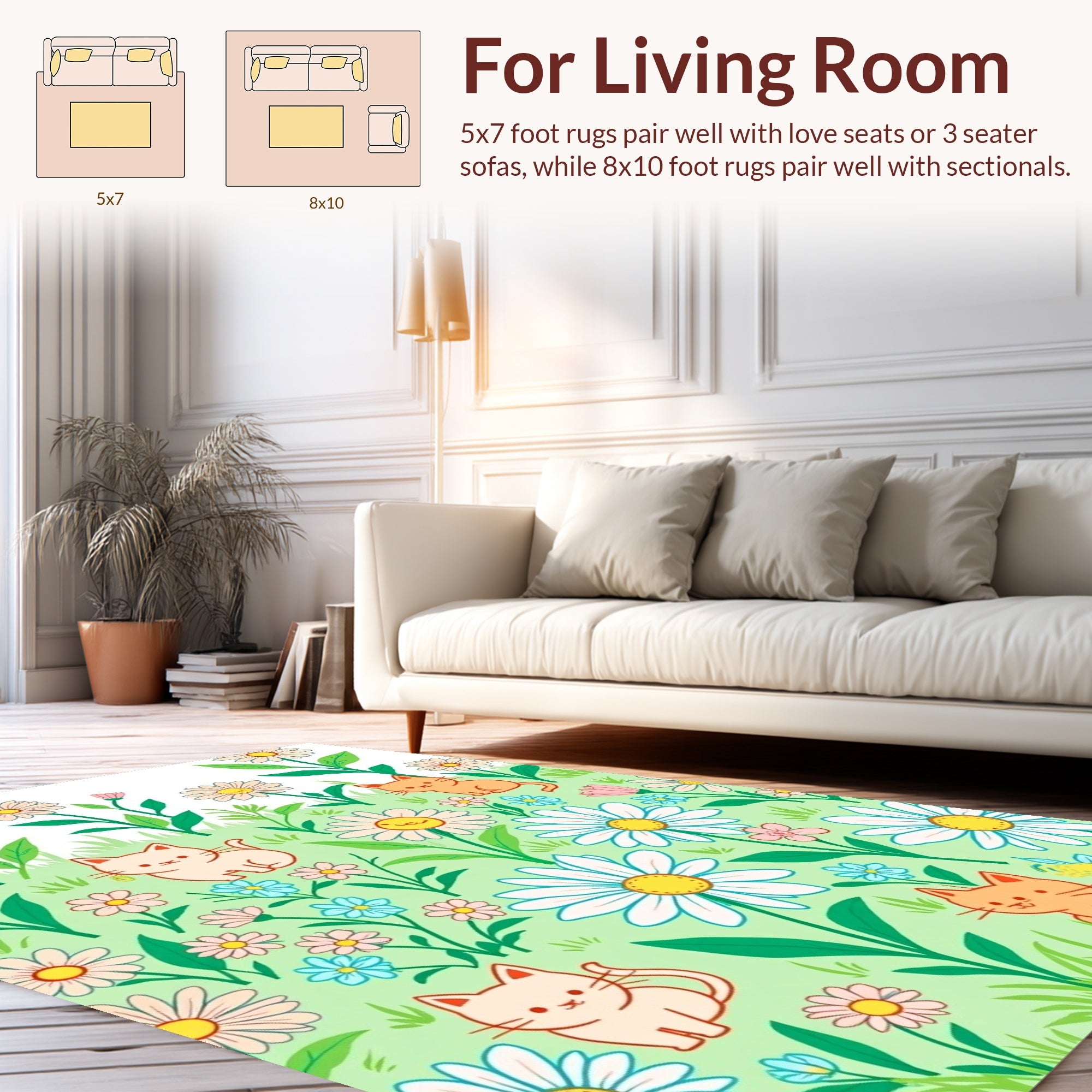 Cute Cats And Daisies Pattern Rug