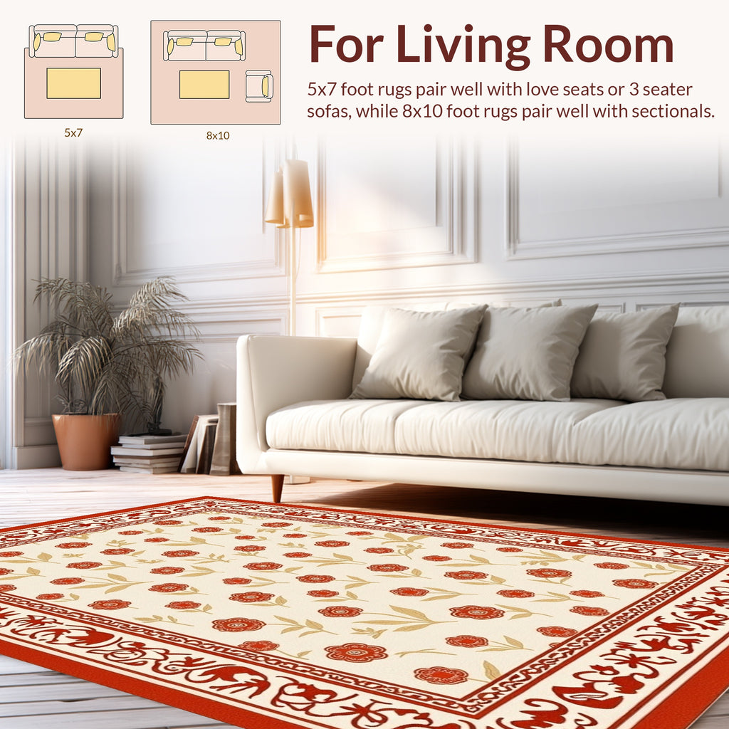 Red Floral Botanical Border Design Rug