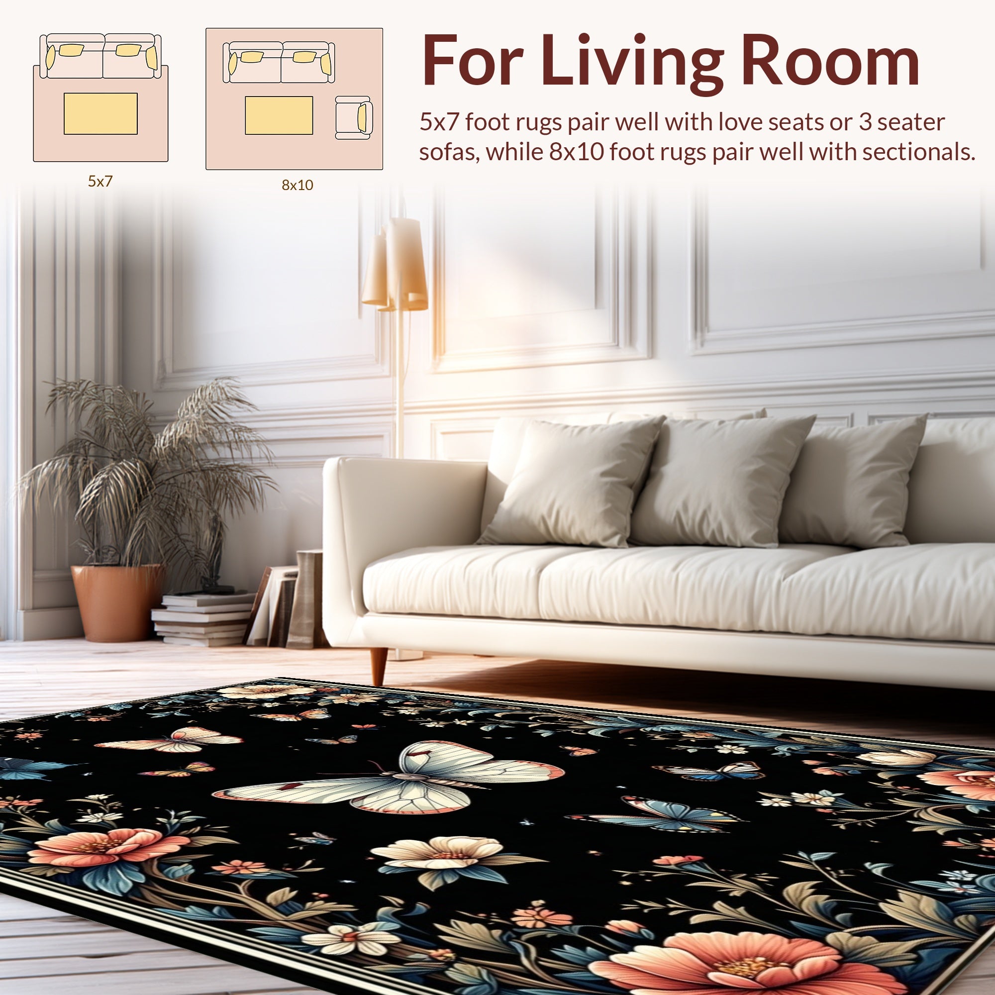 Floral Butterflies Botanical Dark Garden Rug