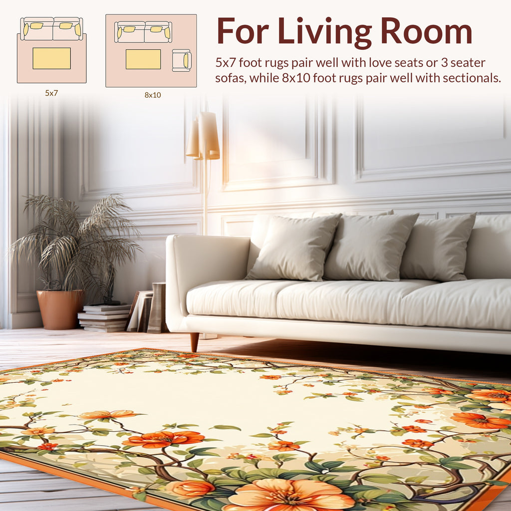 Vibrant Orange Floral Vine Pattern Rug