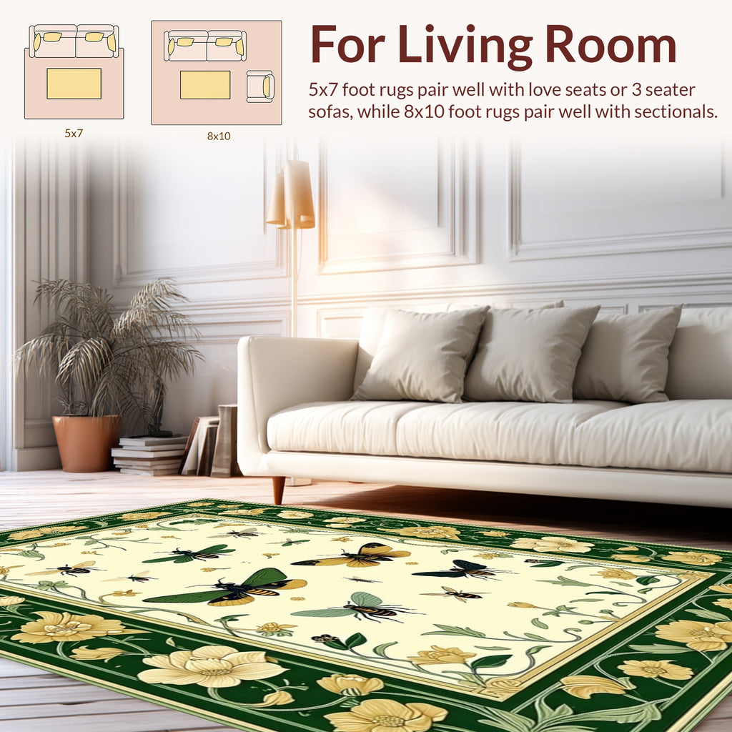 Botanical Insect Detailed Floral Pattern Rug