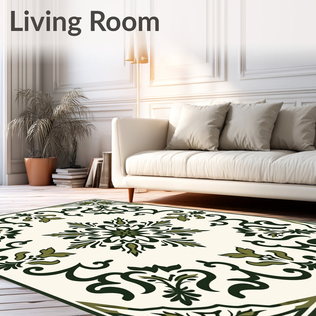 Dark Green Floral Medallion Ivory Rug
