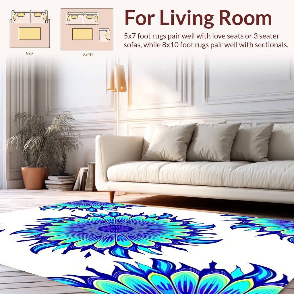 Mandala Blue Cyan Floral Pattern Rug
