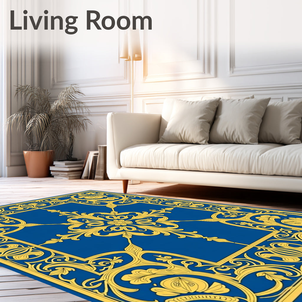 Royal Blue Golden Floral Scrollwork Rug