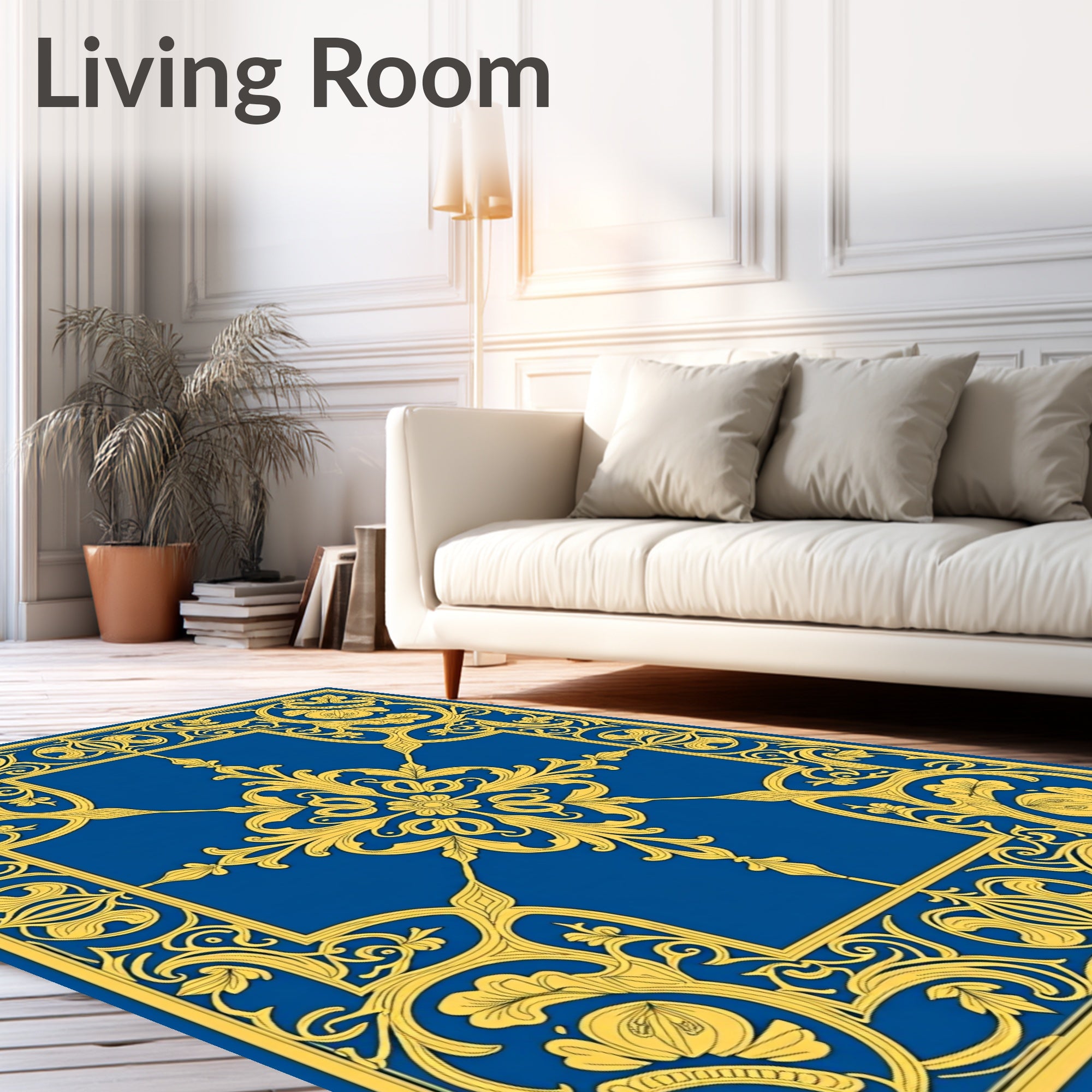 Royal Blue Golden Floral Scrollwork Rug