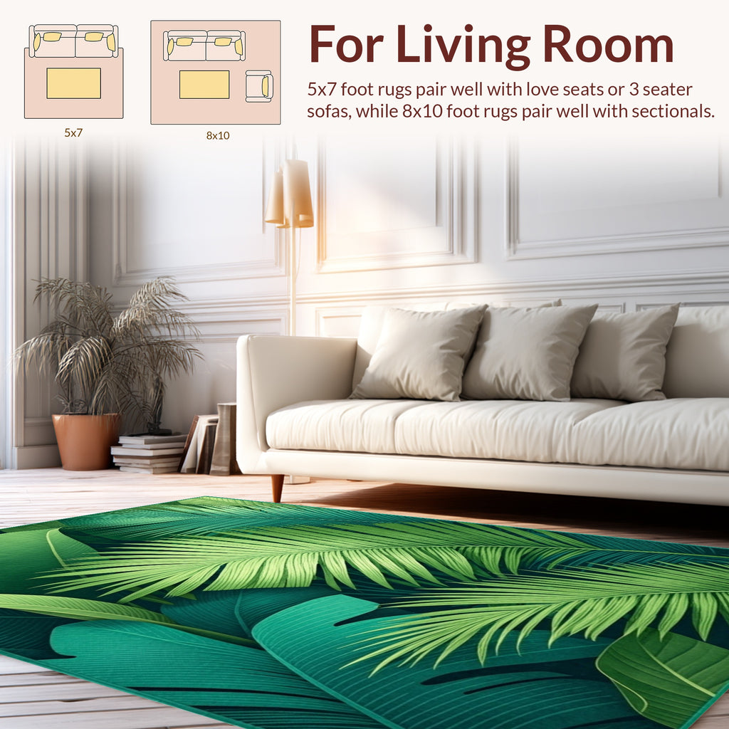 Lush Green Tropical Leaf Pattern Rug