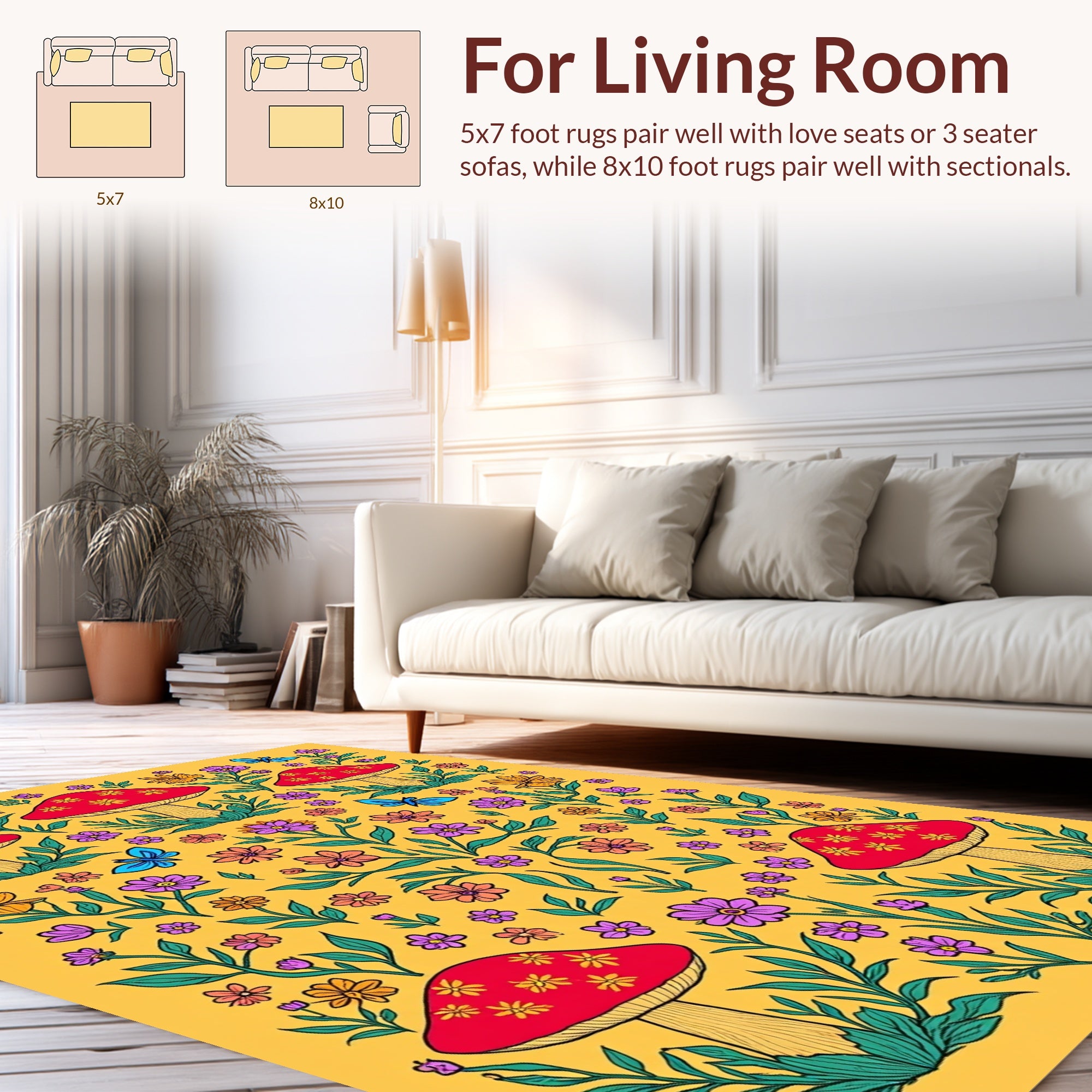 Whimsical Mushroom Butterfly Garden Print Rug