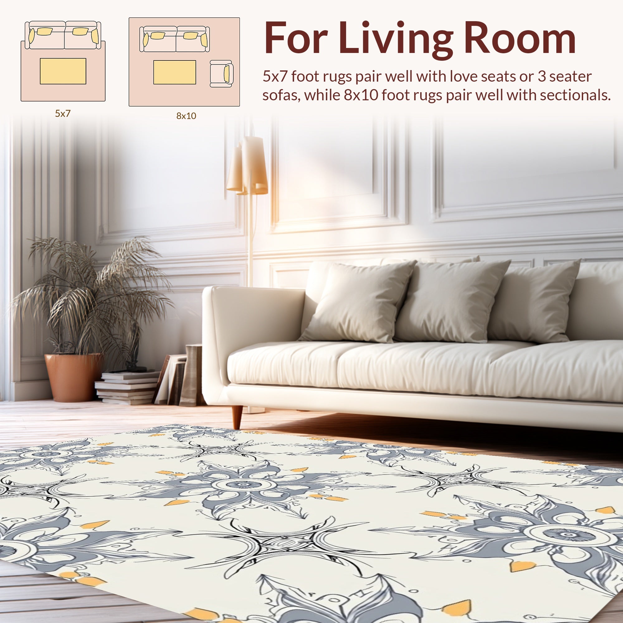 Grey Blue Floral Abstract Tile Design Rug