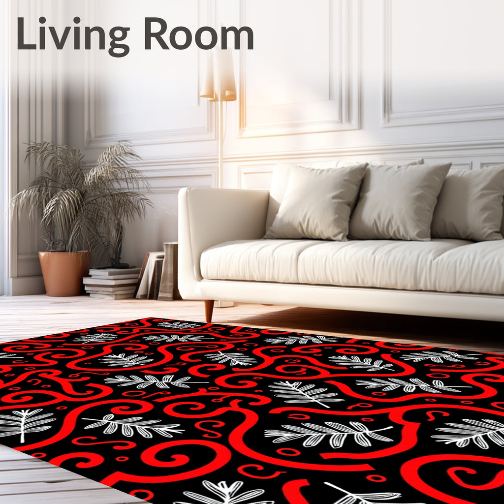 Bold Red Swirl Fern Black Rug