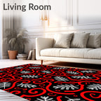 Bold Red Swirl Fern Black Rug