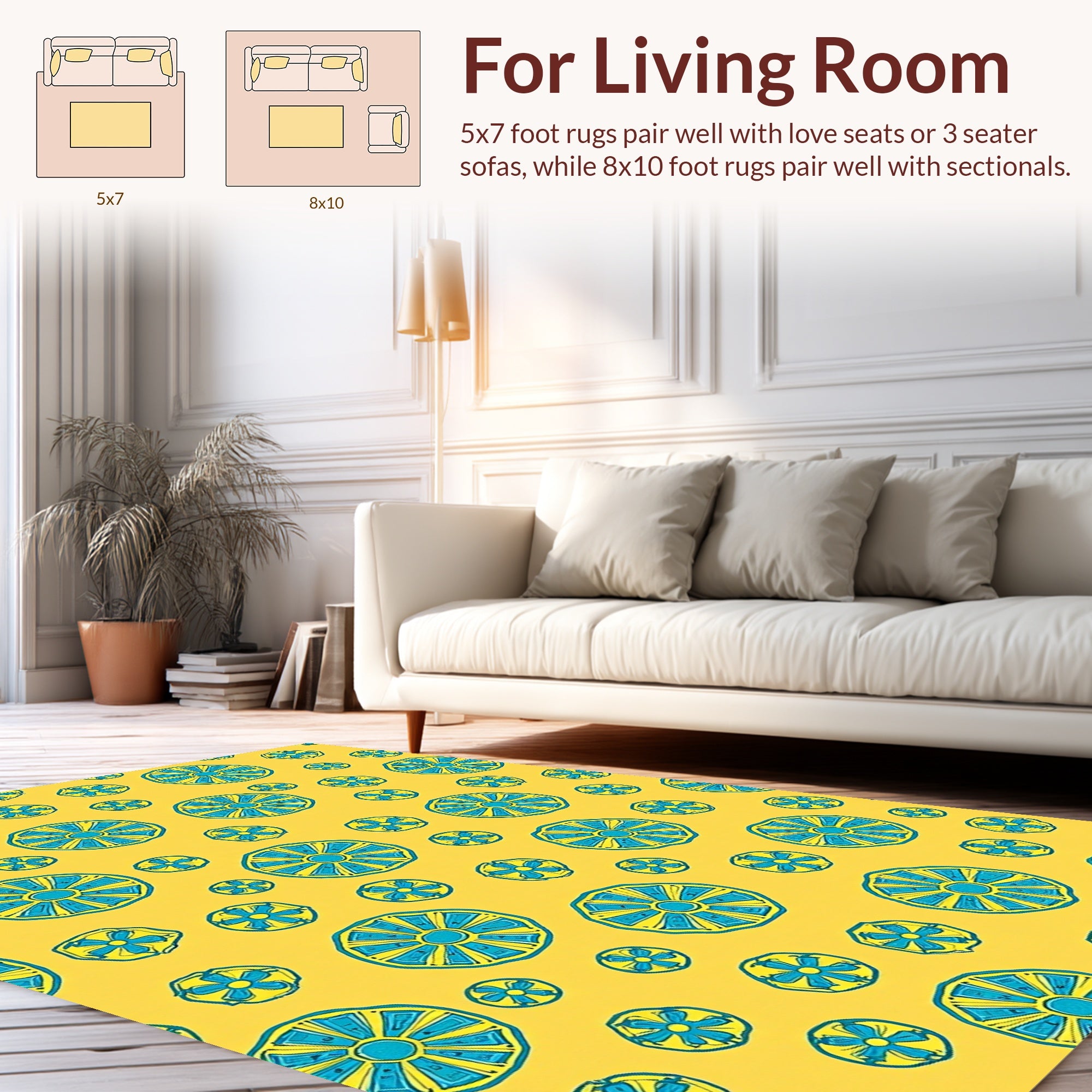 Fun Yellow Blue Round Pattern Rug