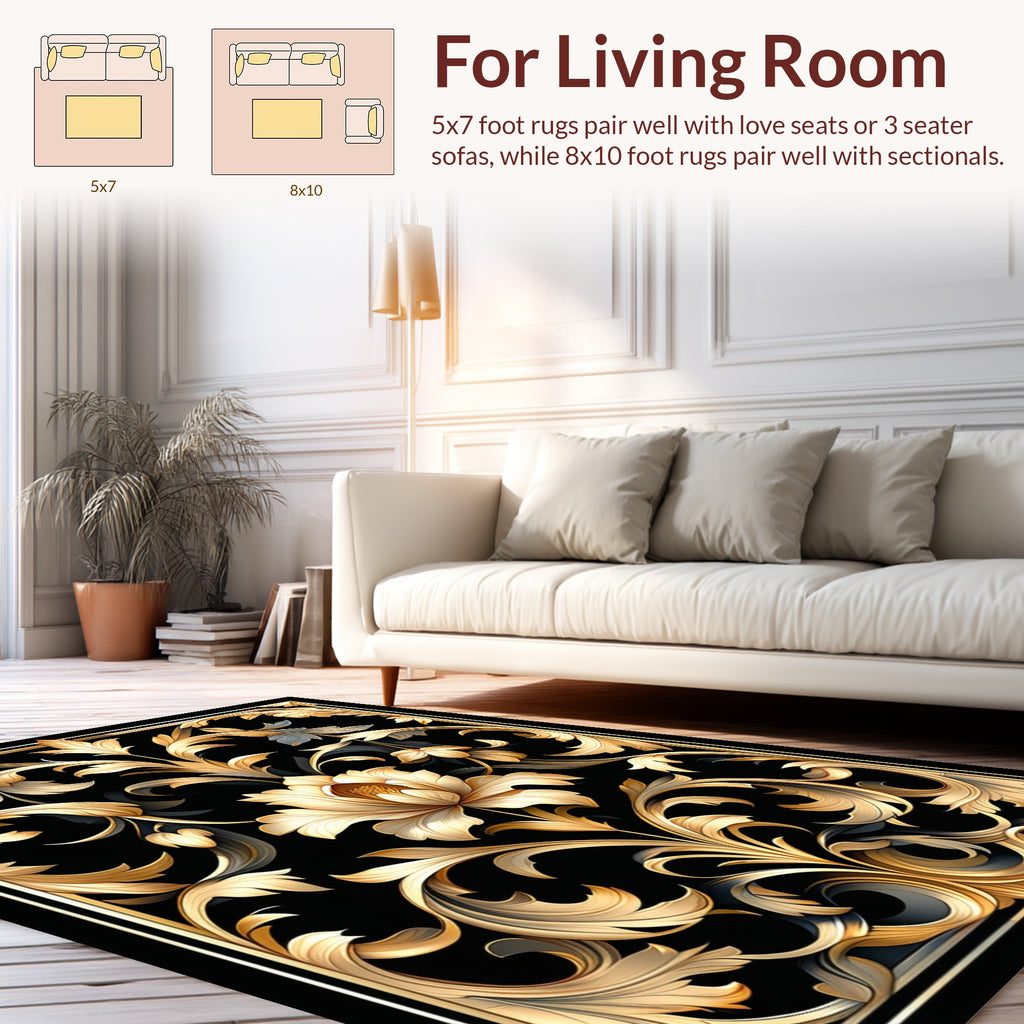 Ornate Golden Floral Scroll Pattern Rug