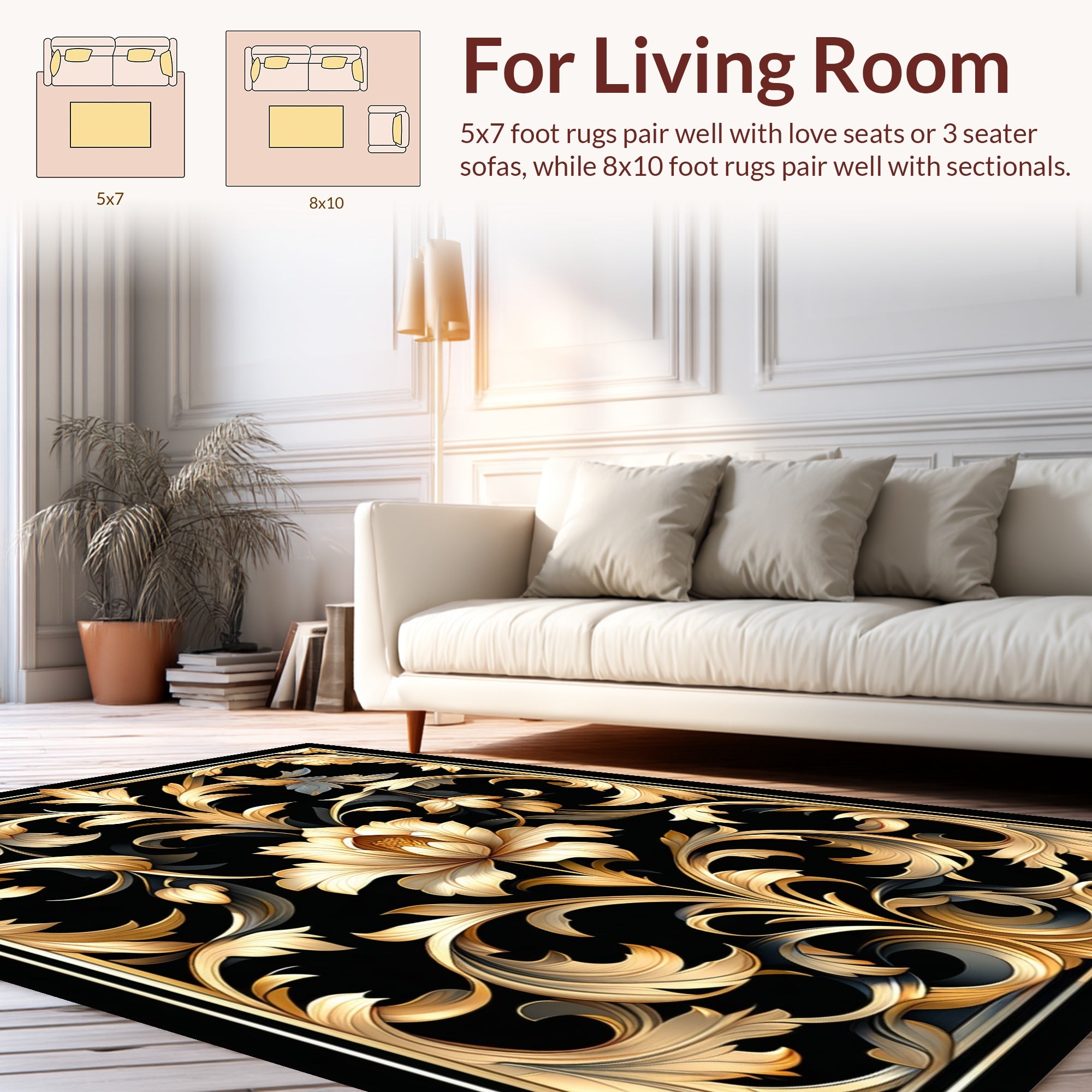 Ornate Golden Floral Scroll Pattern Rug