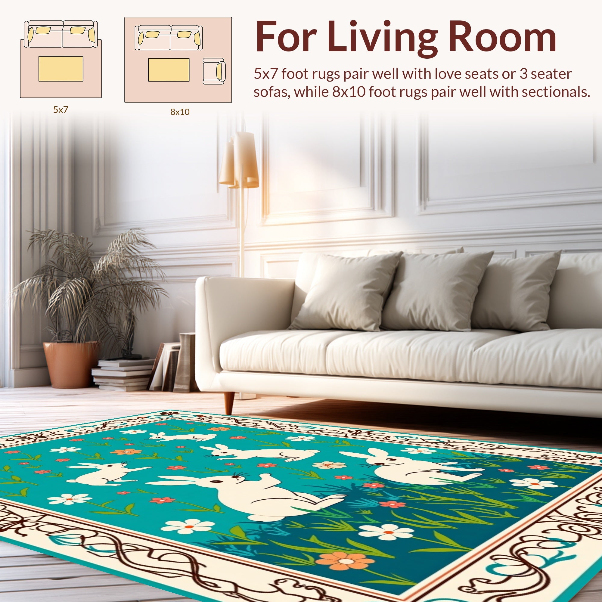 Spring Meadow Bunny Botanical Pattern Rug