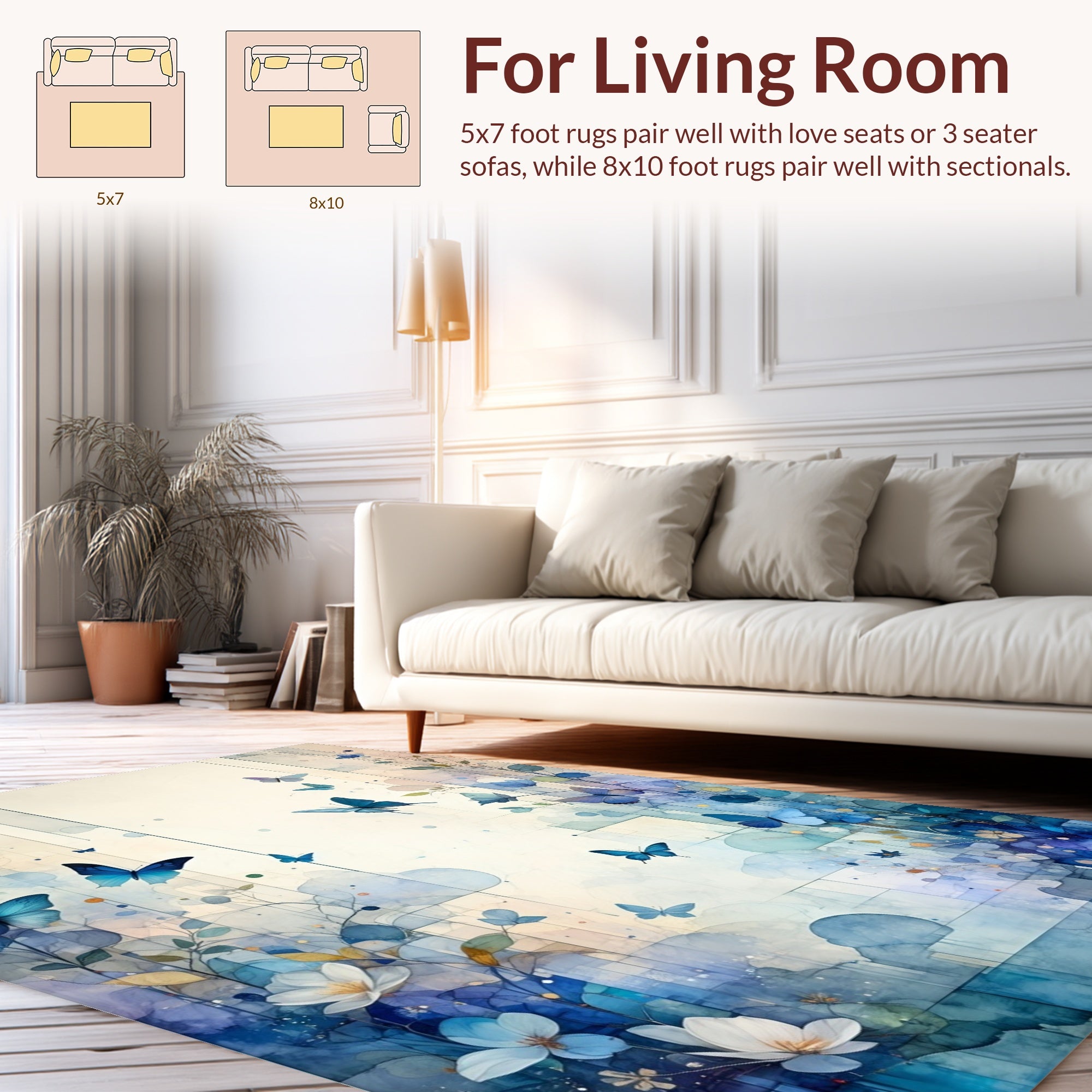 Whimsical Blue Butterfly Garden Art Rug
