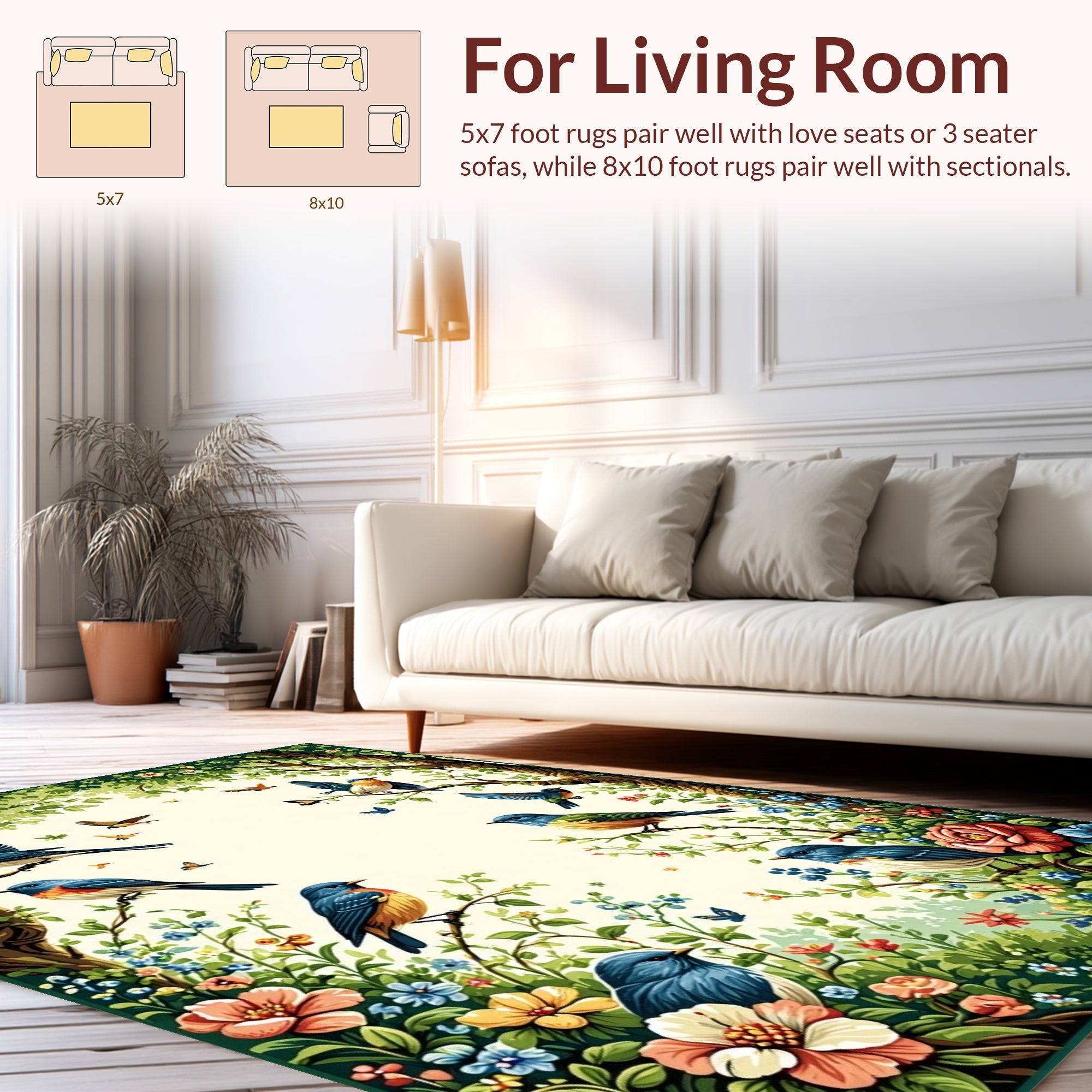 Charming Bird and Floral Nature Scene Rug