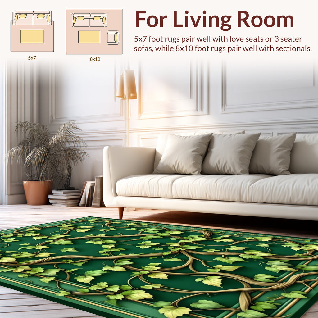 Green Vine And Leaf Patterned Rug