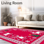 Crimson Christmas Reindeer Snowflakes Trees Rug