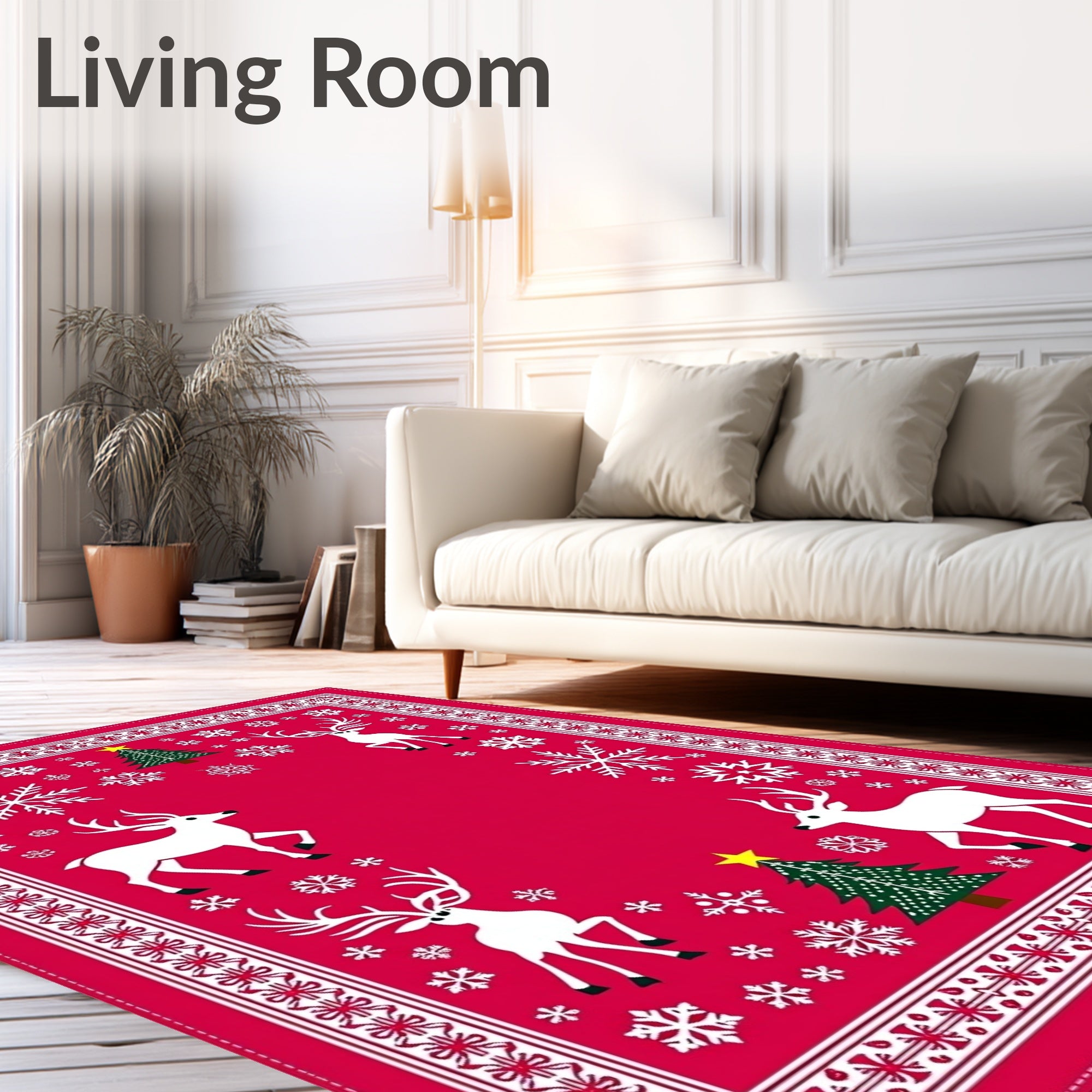 Crimson Christmas Reindeer Snowflakes Trees Rug