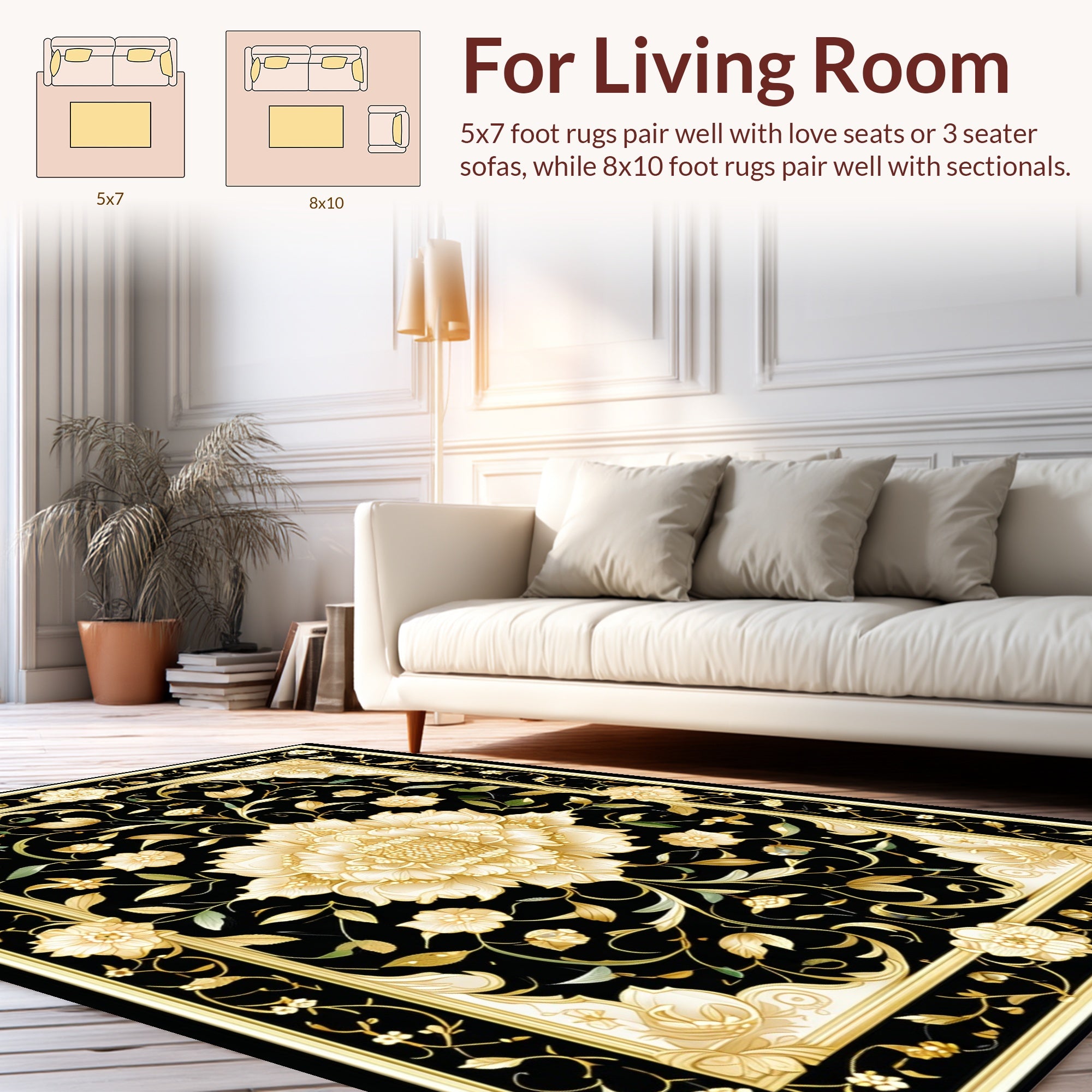 Black Gold Floral Scrollwork Rug