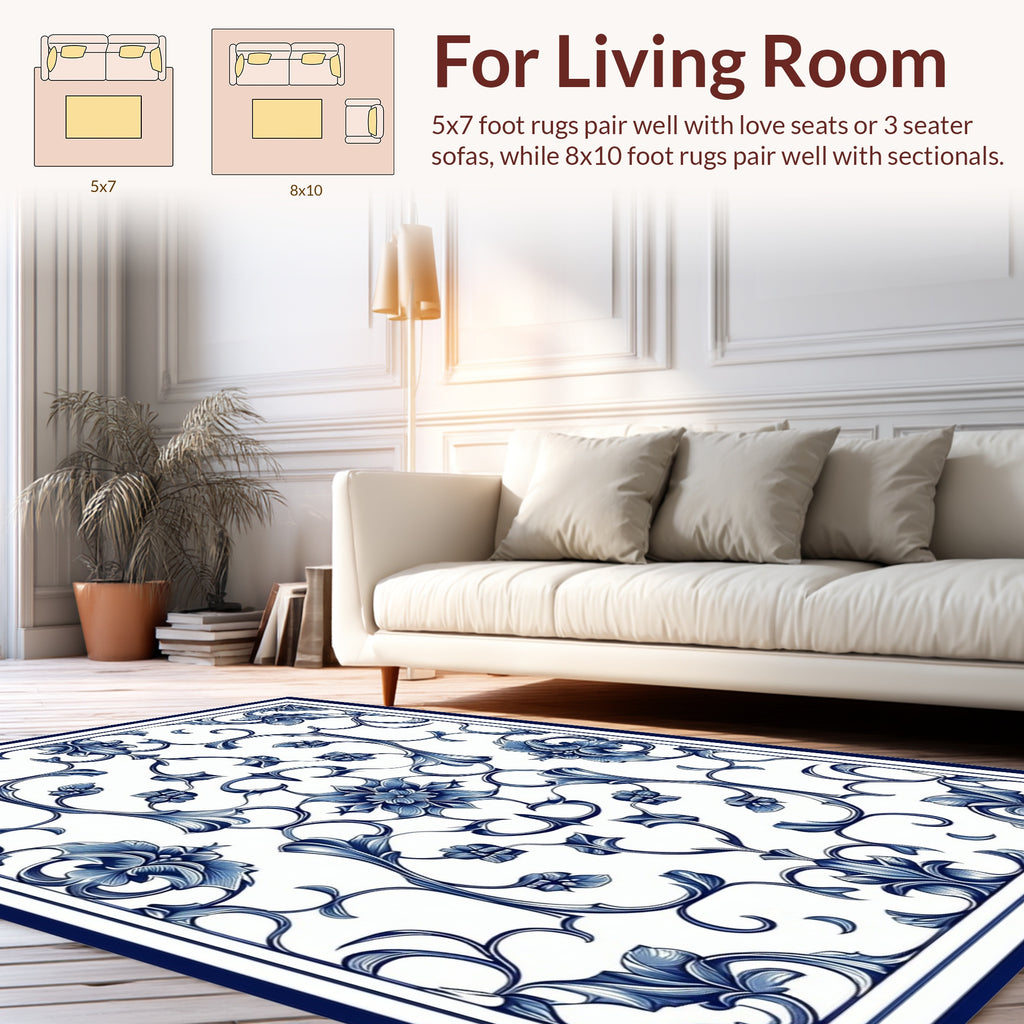 Classic Blue Floral Scroll Pattern Rug