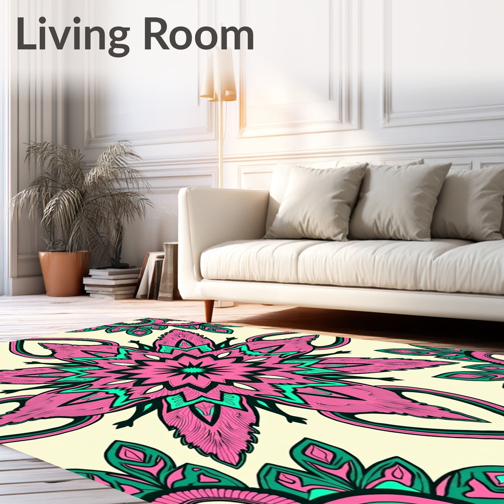 Vibrant Pink Turquoise Floral Mandala Rug
